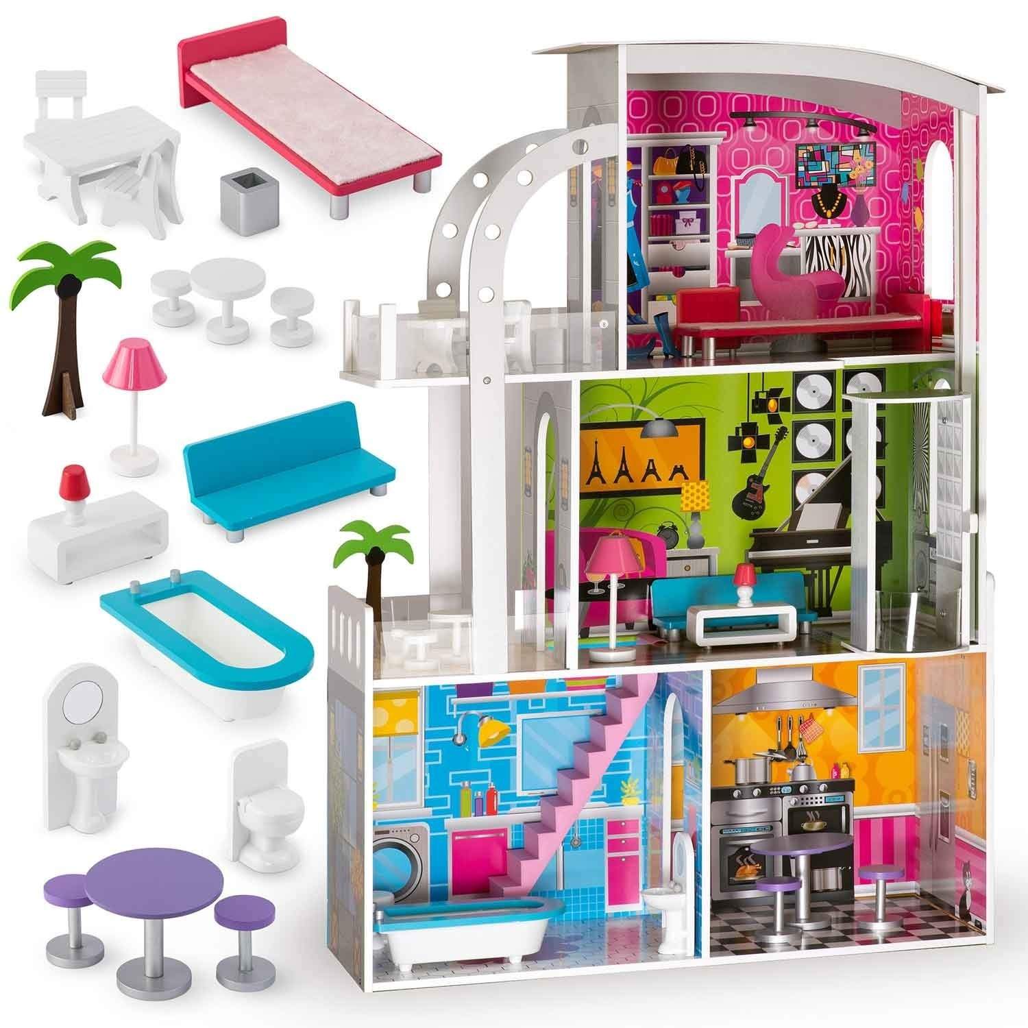 Trædukkehus stort 3-etagers + møbler + terrasse + elevator