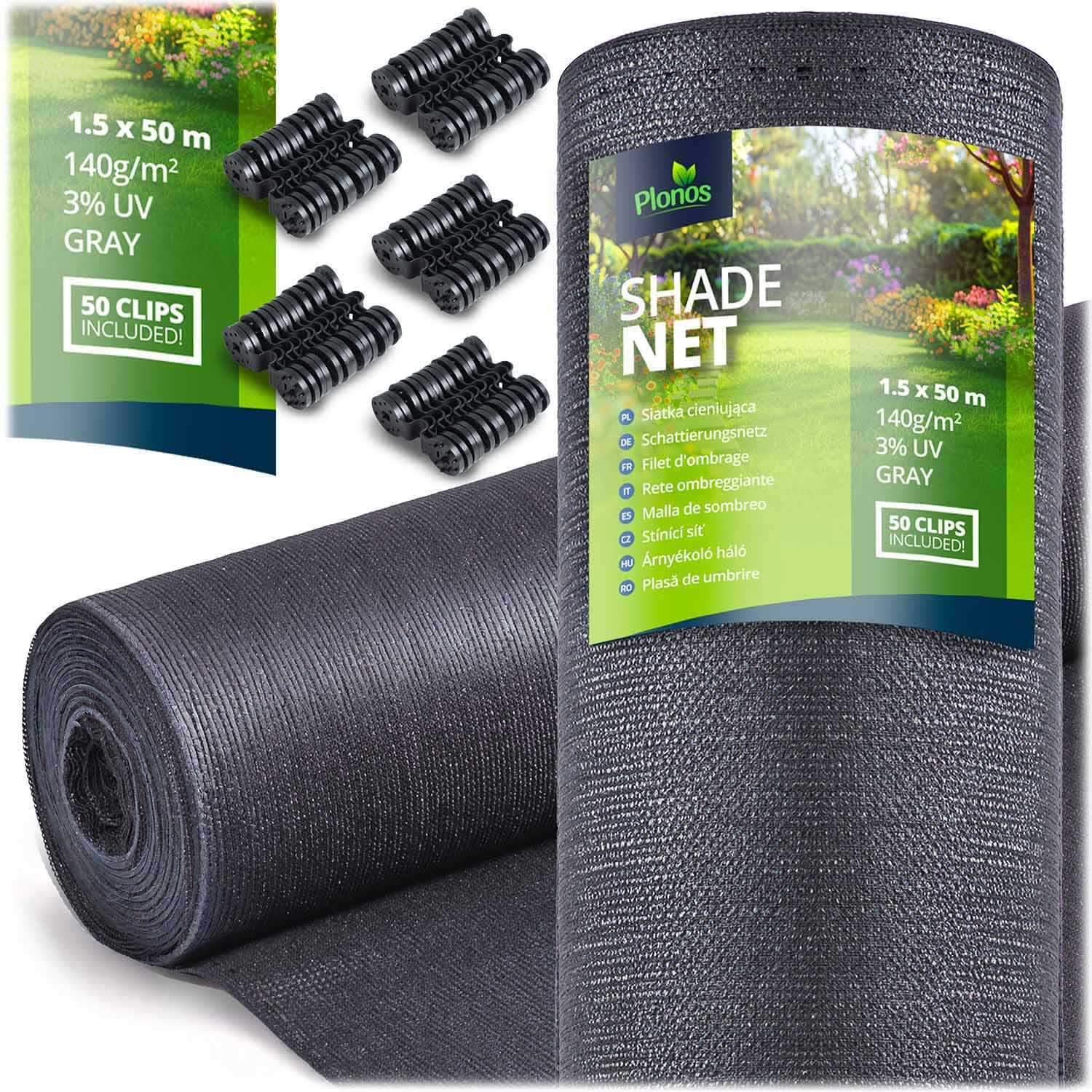 Skyggenet 1,5x50m 140g/m2 + 50 klemmer grå