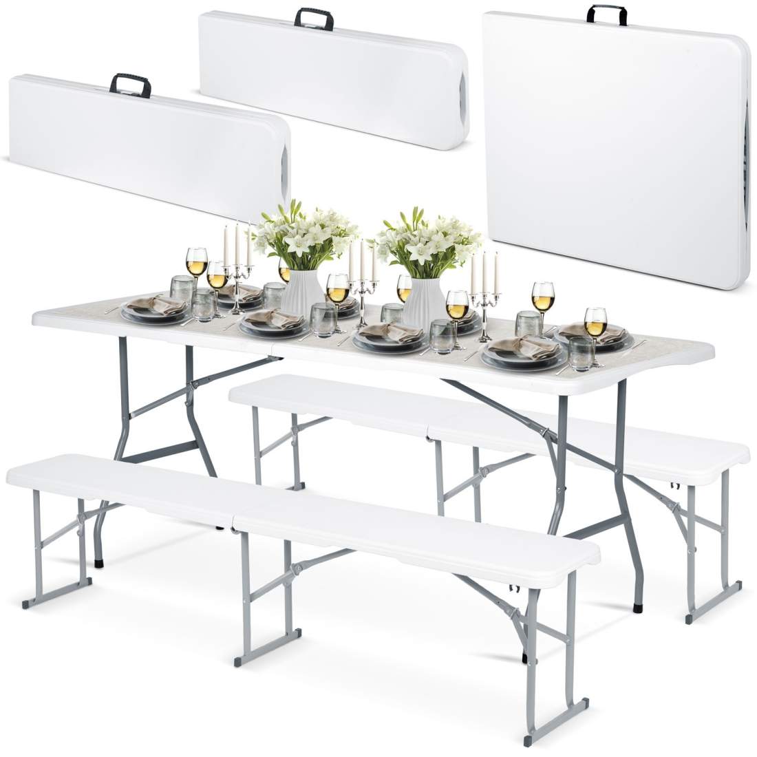 Catering set trädgård fällbord + 2 bänkar 180 cm Plonos vit | Hem & Hobby - Hem & Hushåll - Bygg | Pryloteket