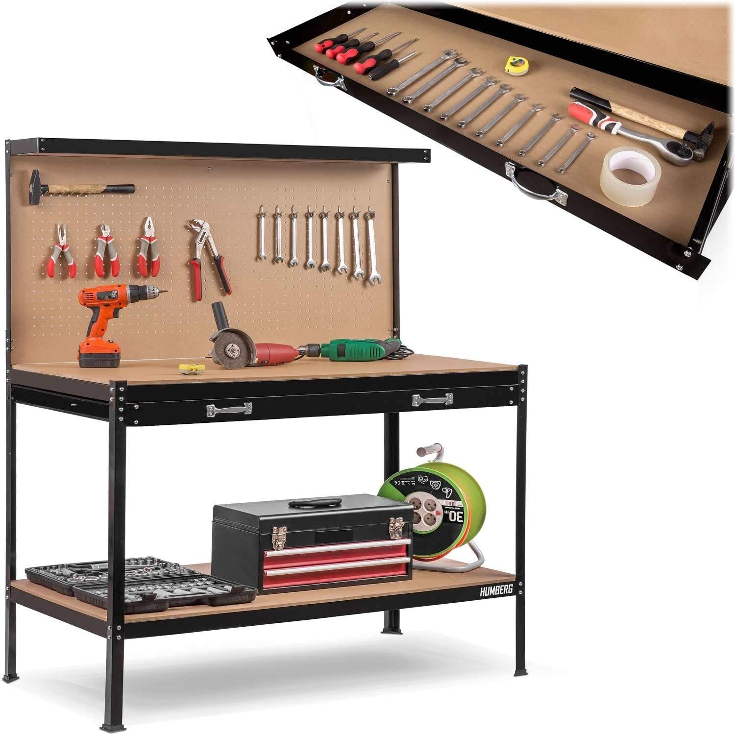 Humberg HM-590 sort værkstedsarbejdsbord med skuffe
