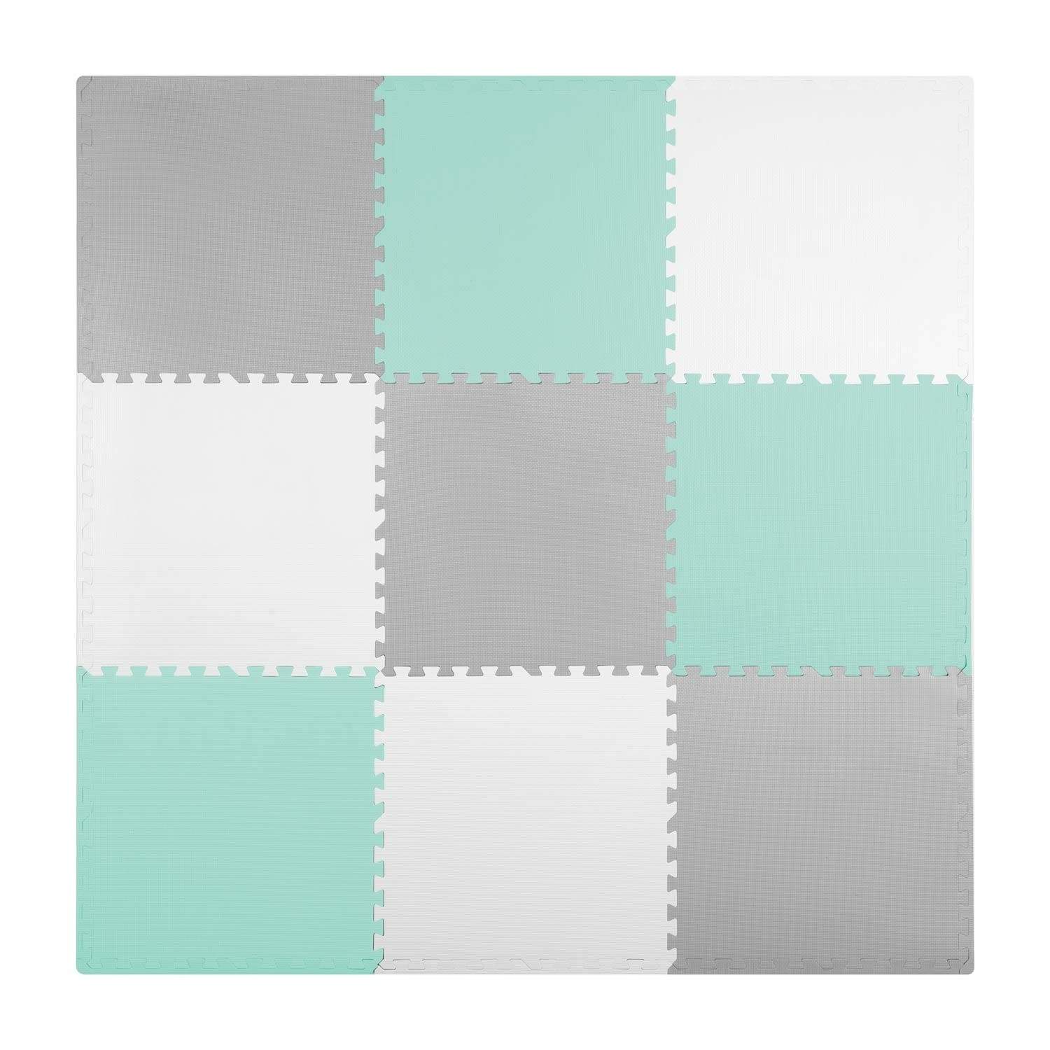 Puslemåtte i Skum 180x180 cm, 9 Dele, Grå/Mint