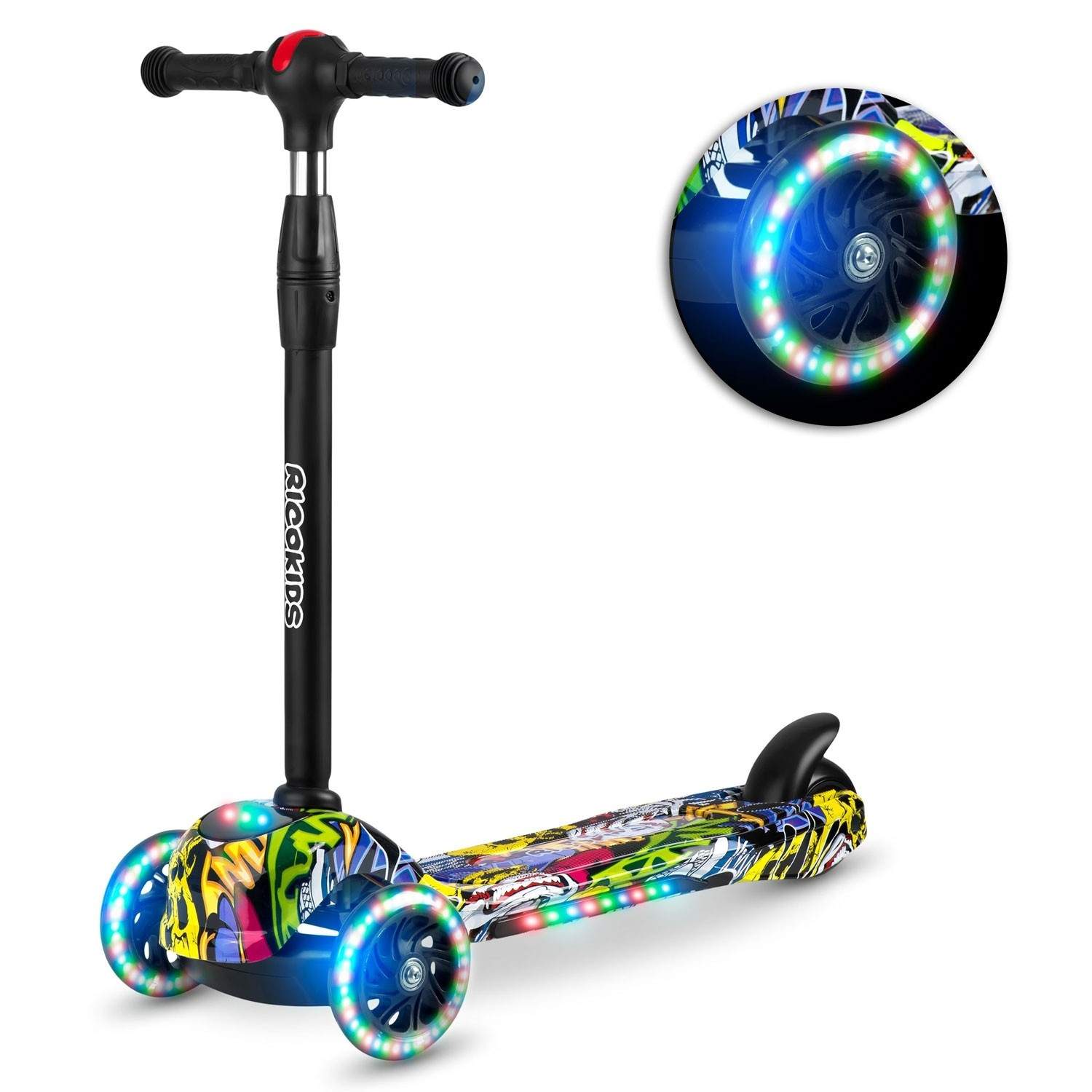 Trehjulig sparkcykel Ricokids Piko - svart med färgglada mönster | Sport & Fritid - Friluftsliv & Camping - Belysning | Pryloteket
