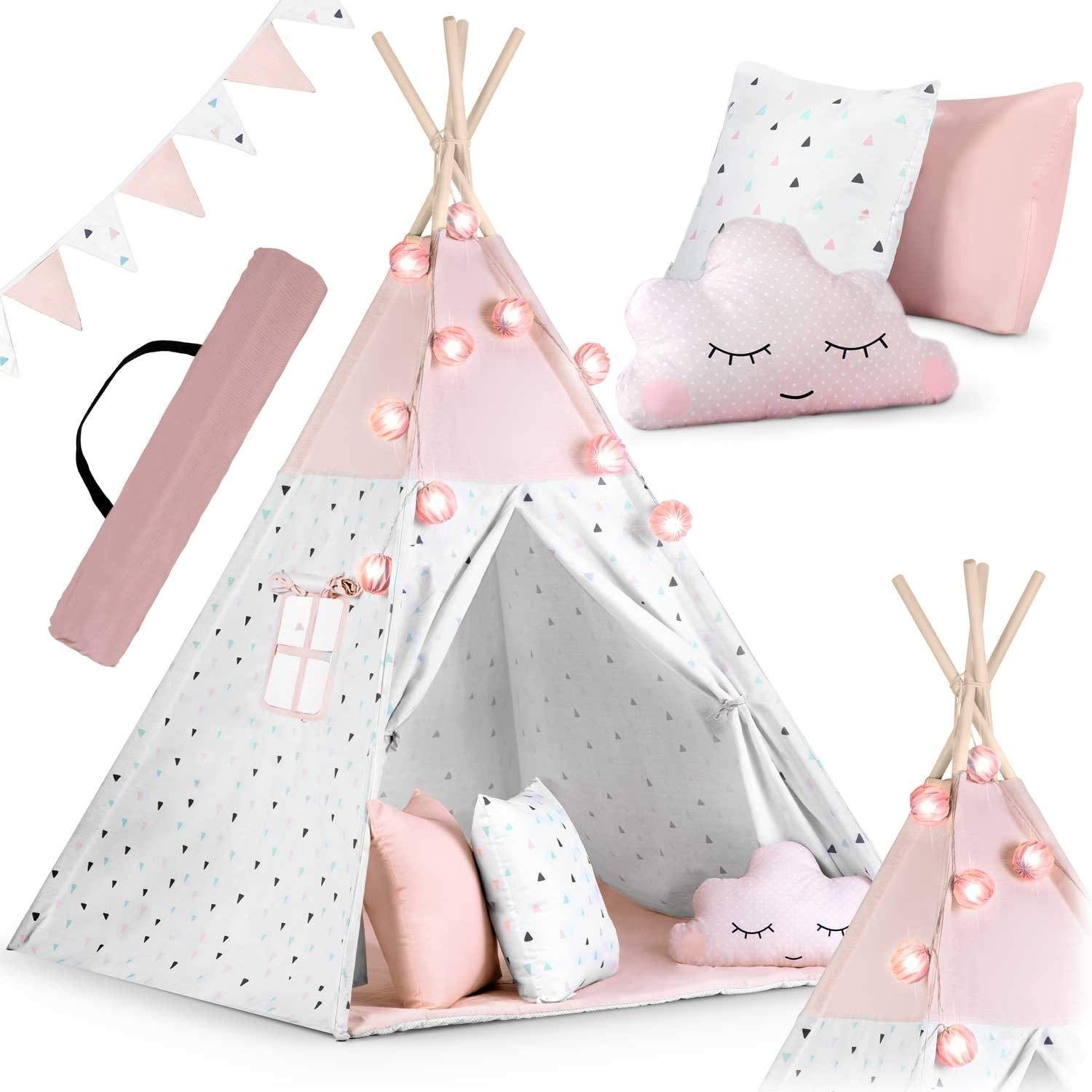 Børne tipi-telt med guirlande og lyssnor Nukido - pink