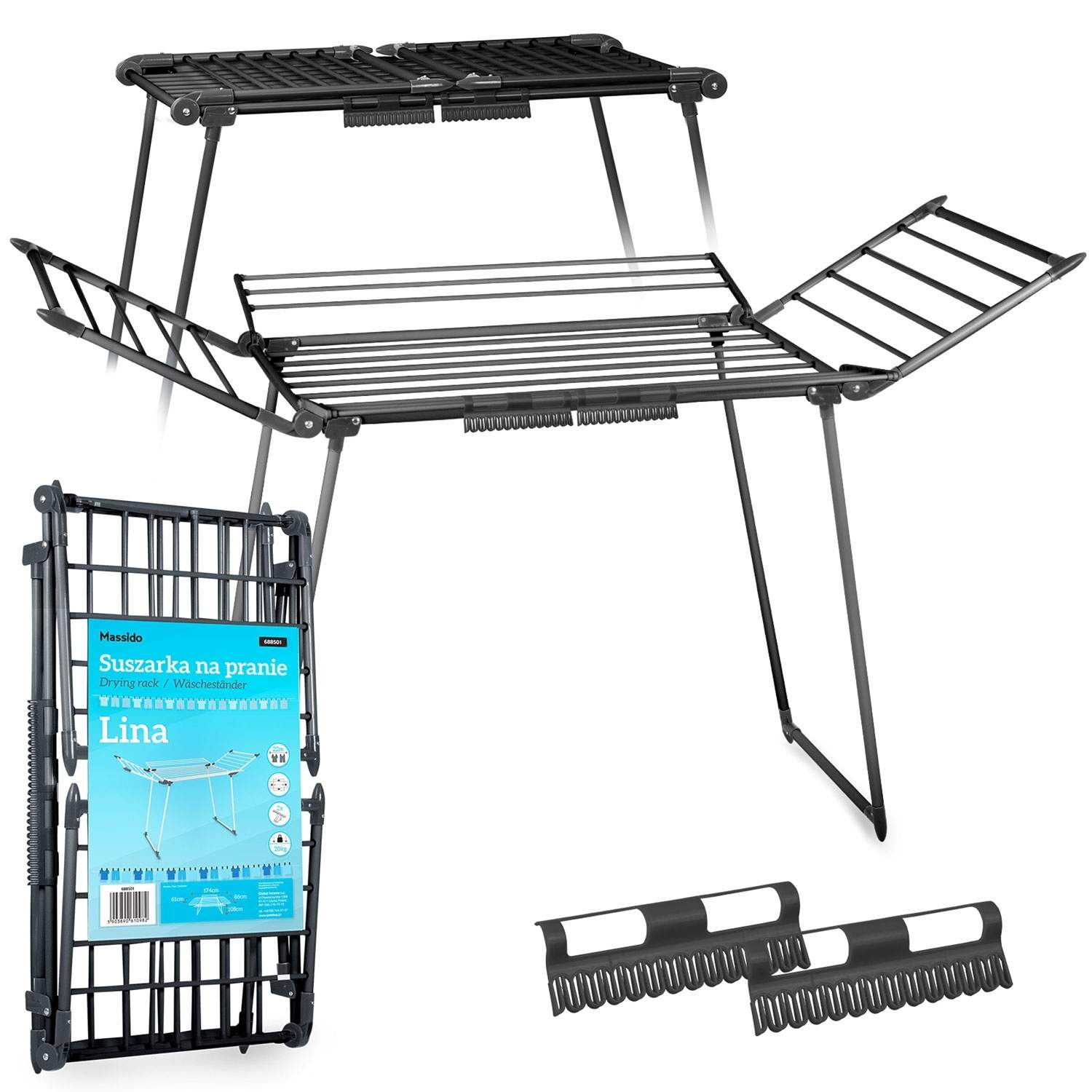 Sammenklappeligt sort tørrestativ med 22 meter line