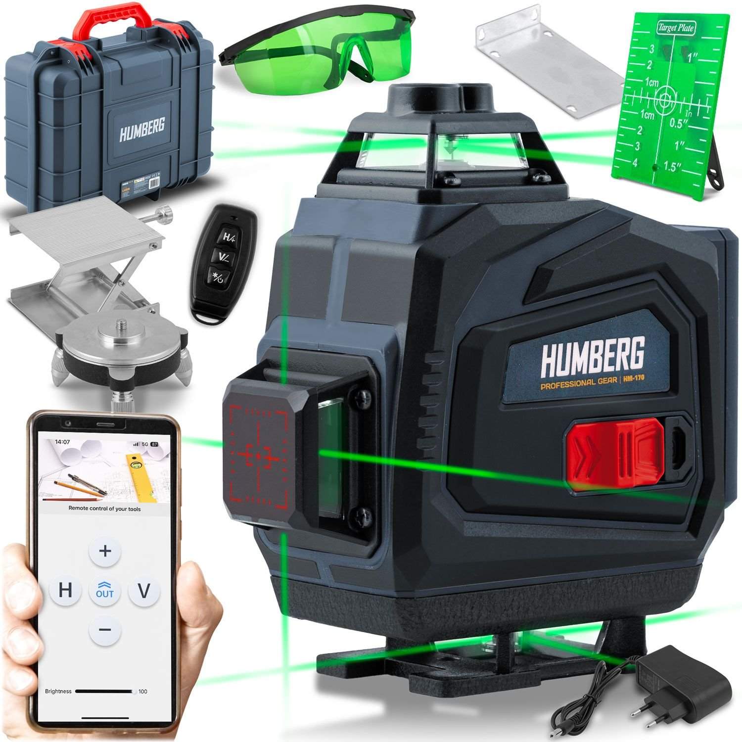Cross-line laser i en kuffert + tilbehør Humberg HM-170