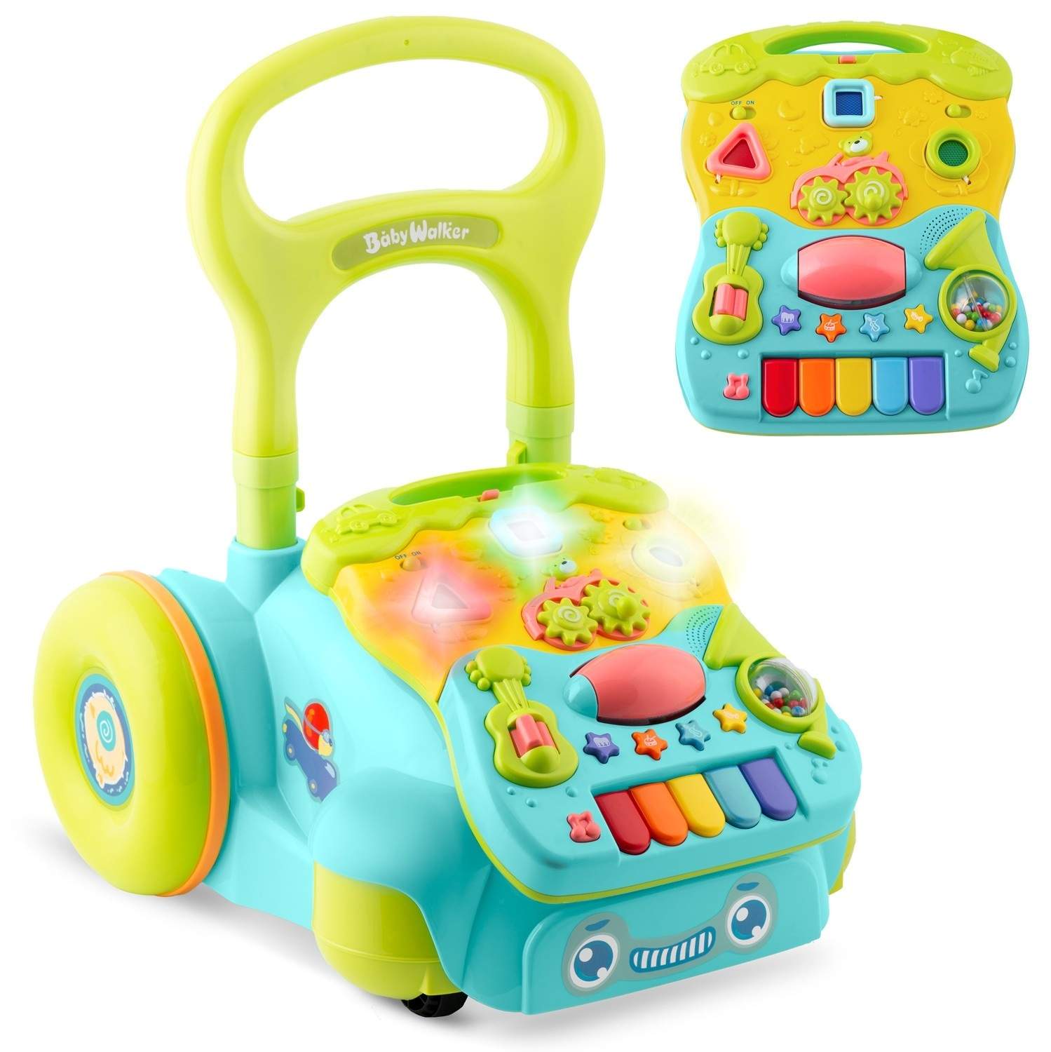 Turkis 2-i-1 Learn-Walk-vogn med musik RK-744 fra Ricokids