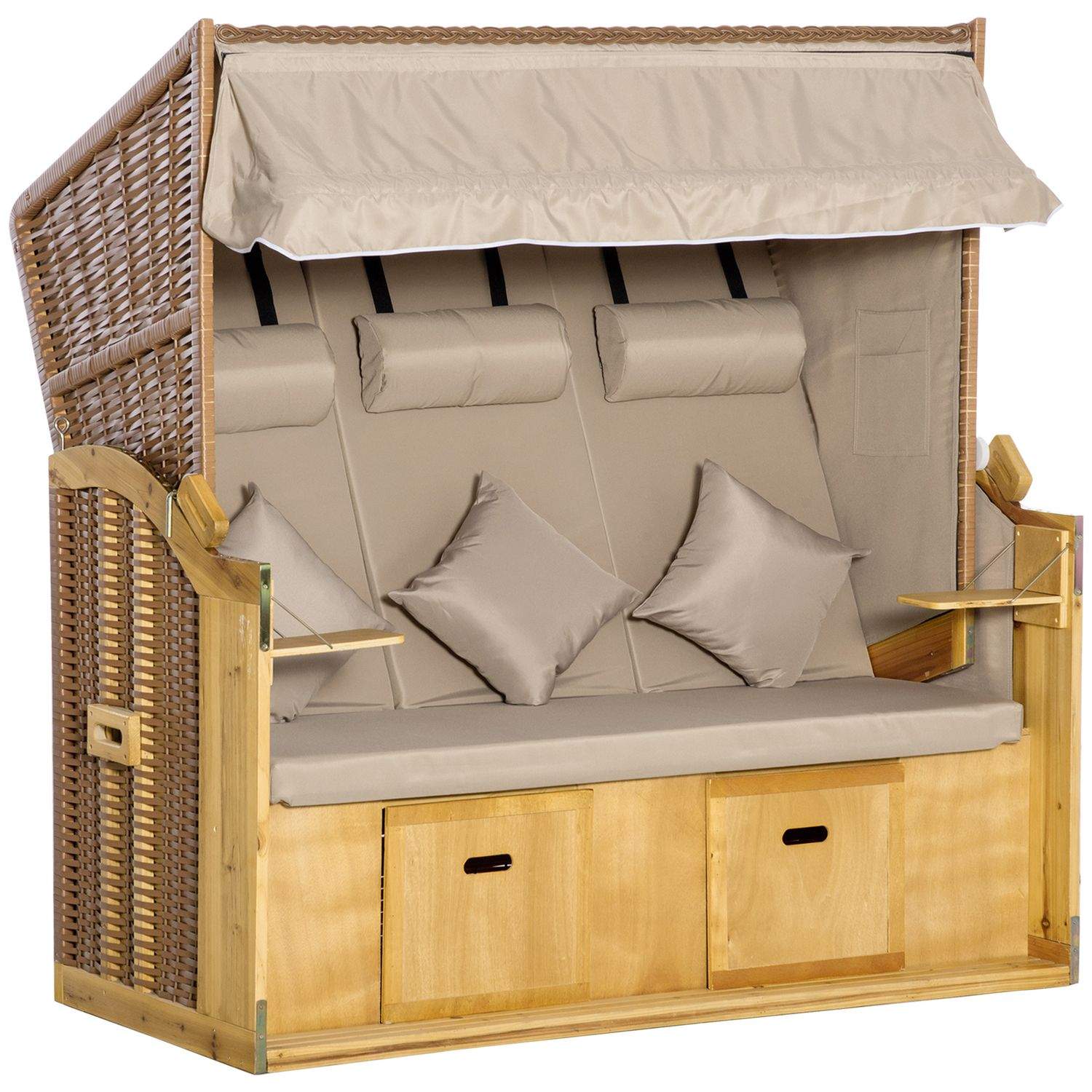 Strandstol 3-personers liggestol med tag og 2 klapborde, fodstøtte, XXL polyrattan natur, 150x79x160cm til have og terrasse |.de