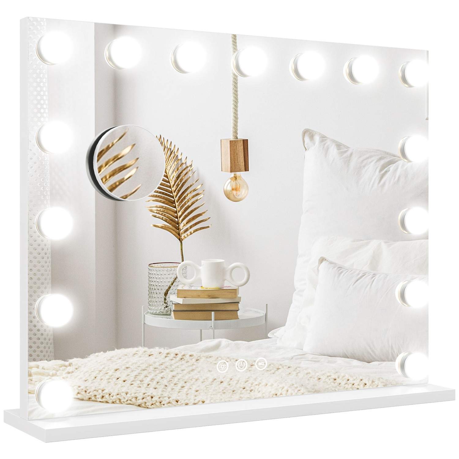 Hollywood spejl med belysning 58x48cm 15 LED 3 lystilstande 10X forstørrelse bærbar berøringsafbryder USB-opladningsport hvid |.
