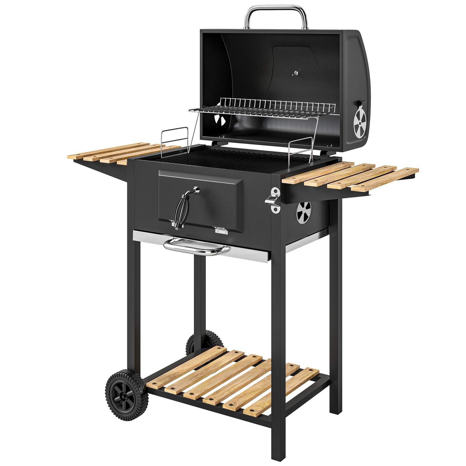 Kulgrill i rustfrit stål, mobil grillvogn med låg, termometer, grillrist, hjul, justerbart håndtag, kulbakke, kulgrillvogn med t