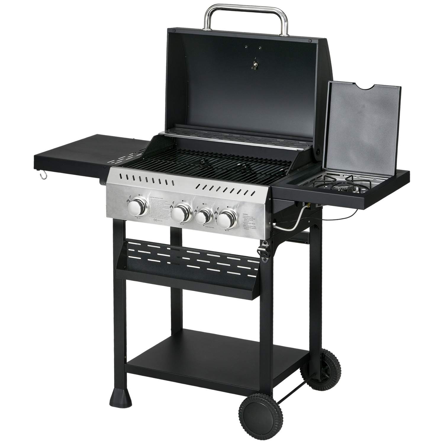 Gasgrill 3 KW 3 + 1 brænder BBQ grillvogn af rustfrit stål inklusive sidebrænder, termometer, grillrist, kogeplade, flaskeåbner,