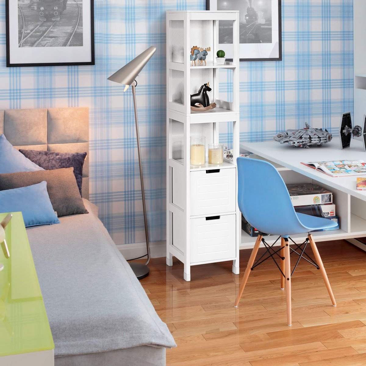 Badeværelse højskab badeværelse højskab badeværelsesskab med 2 skuffer træ hvid 30 x 30 x 144,5 cm