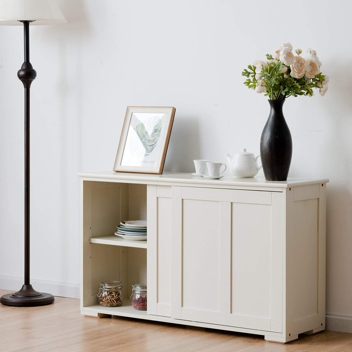 Skænk køkkenskab sideskab med skydelåger hvid/brun 106,5 x 33 x 60 cm-Beige