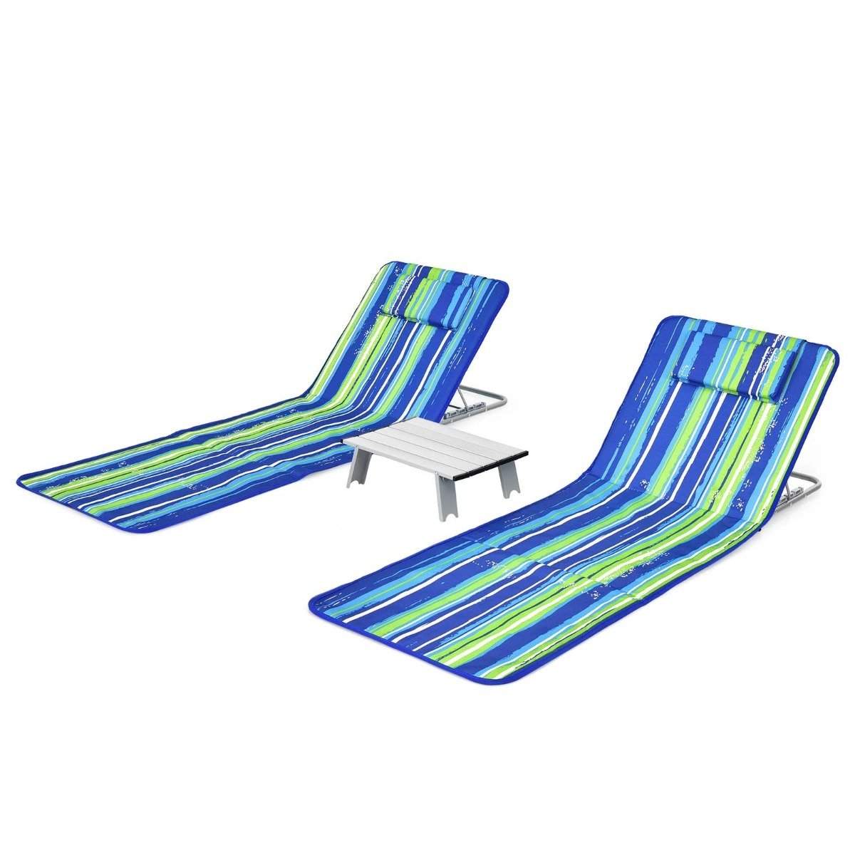 2 x strandmåtte med sidebord Justerbart liggestolesæt 151 x 55,5 x 27-47 Blå + Grøn
