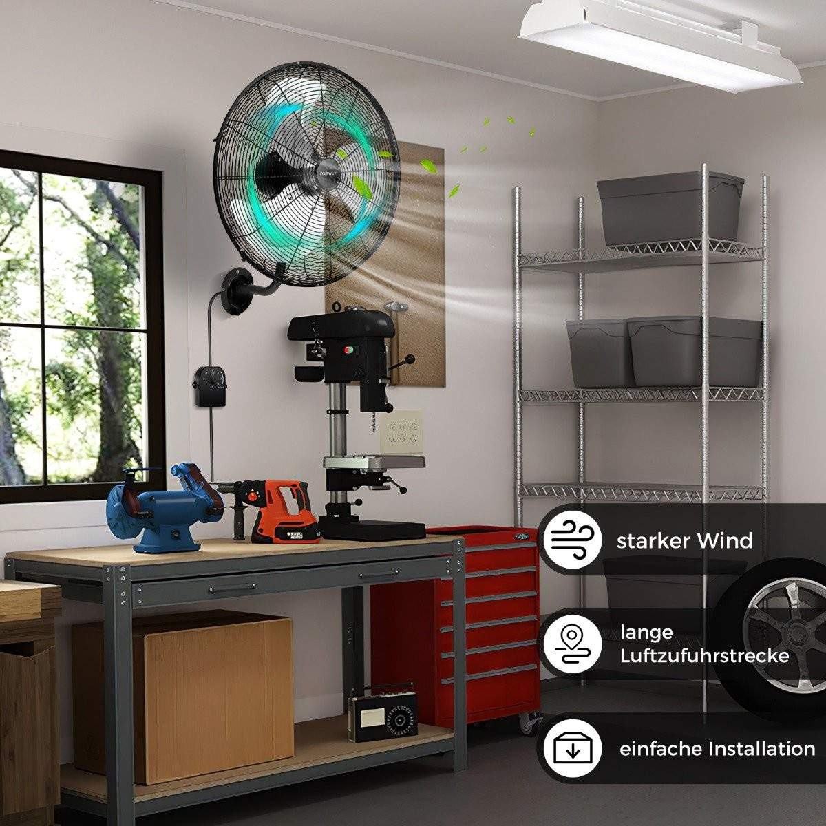 Ø56 cm Vægventilator Oscillerende Ventilator til Lager Drivhus Værkstedsterrasse og Kælder Sort