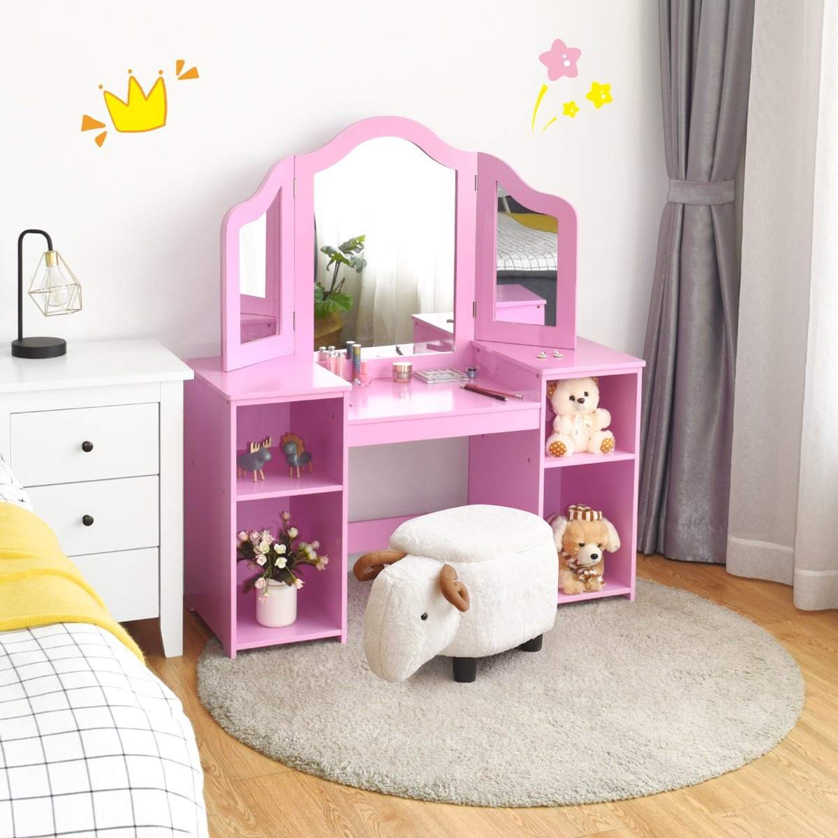 2 i 1 toiletbord med aftageligt spejl og åbne rum lavet af træ til børn fra 3 år pink