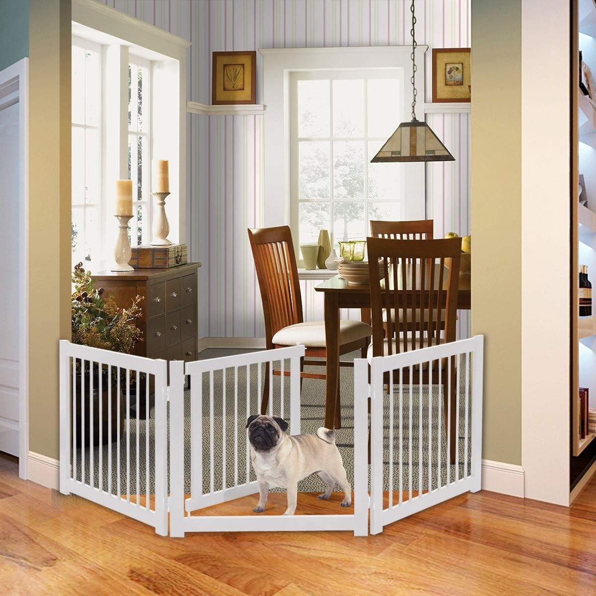 Sammenfoldelig 3-delt hundebarriere med fyrretræsport til døre/trapper, 61 cm høj, hvid