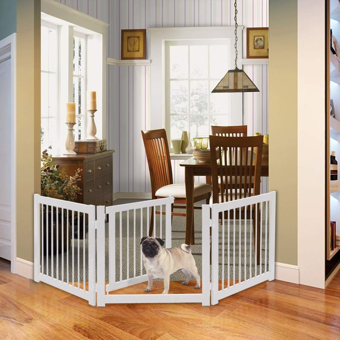 Vikbar 3-delad hundspärr med furuport för dörrar/trappor, 61 cm hög, vit | Hem & Hobby - Husdjur | Pryloteket