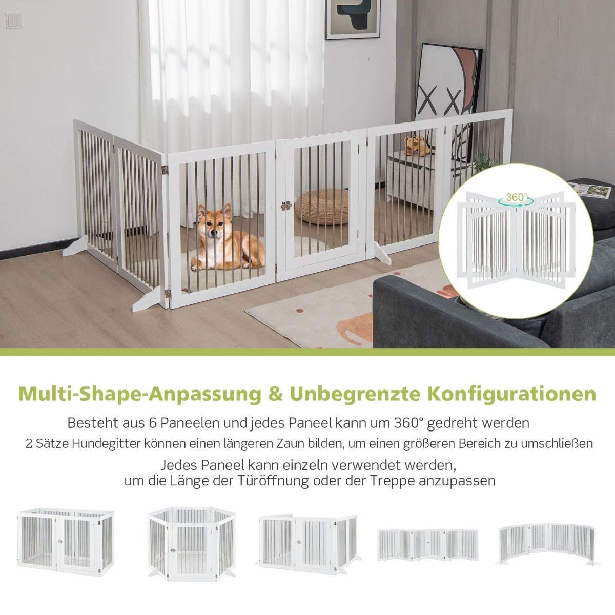 Dog Gate kravlegård Fritstående Hundehegn med 6 Paneler 366 x 80 cm Hvid