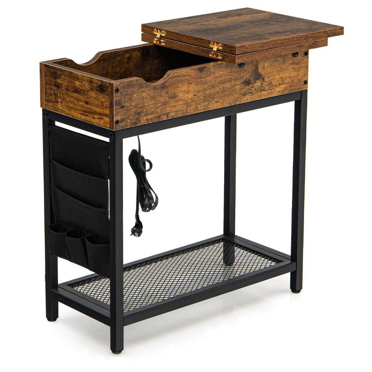 Sidebord med ladestation, smalt sofabord, 60 x 30 x 58,5 cm, brun