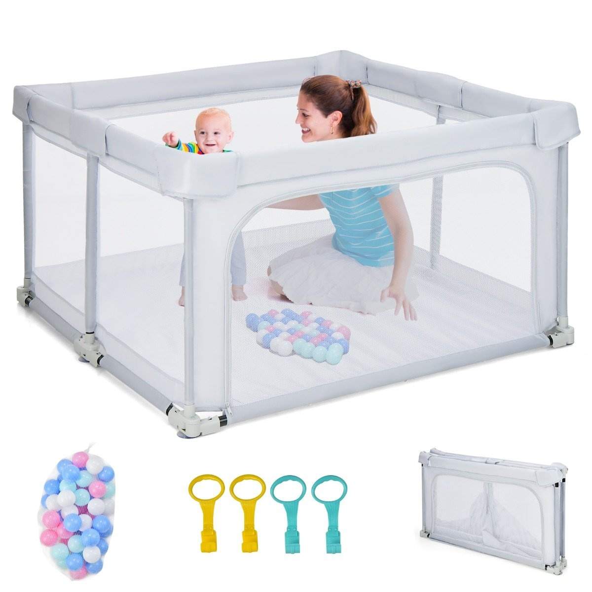 Firkantet Babykravlegård 124 x 124 cm Stort Legehegn Lysegrå