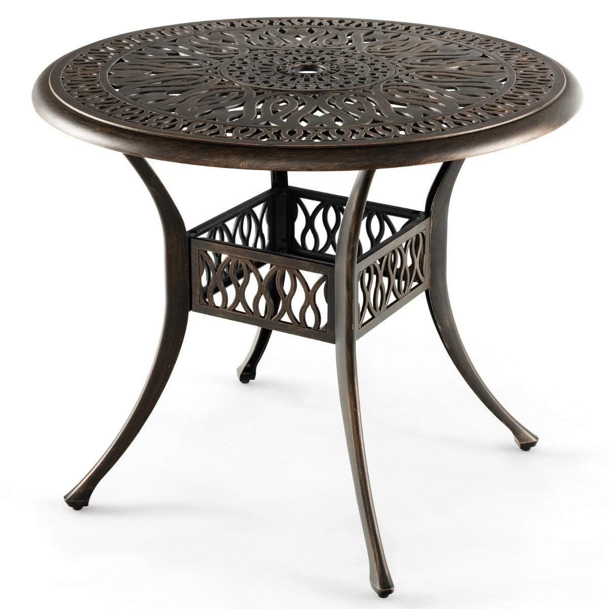 Rundt terrasse spisebord bistrobord lavet af støbt aluminium med paraplyhul Ø90 x 74 cm brun