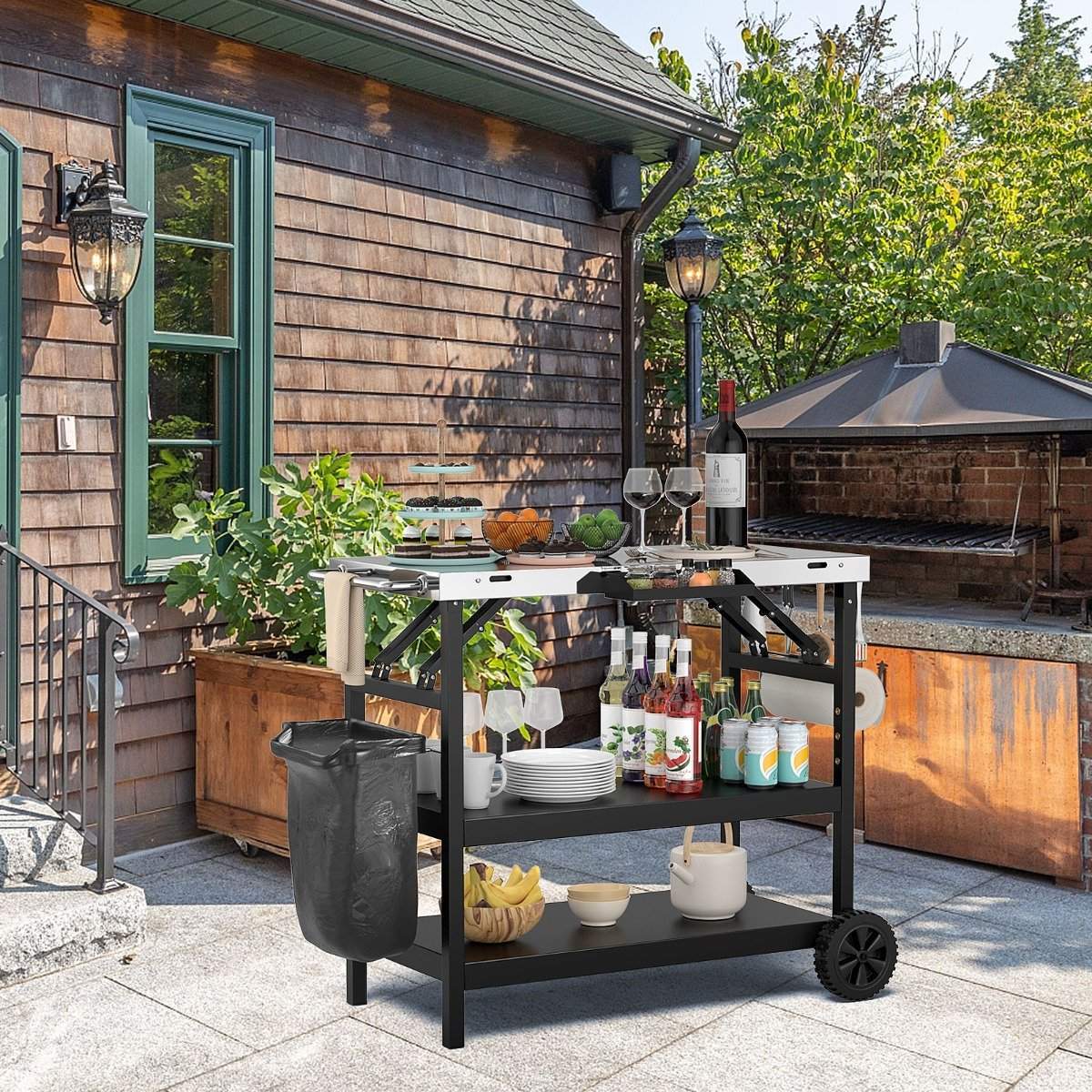Grillbord med 3 hylder & mobiltelefonstativ & krydderihylde & håndklædeholder serveringsvogn