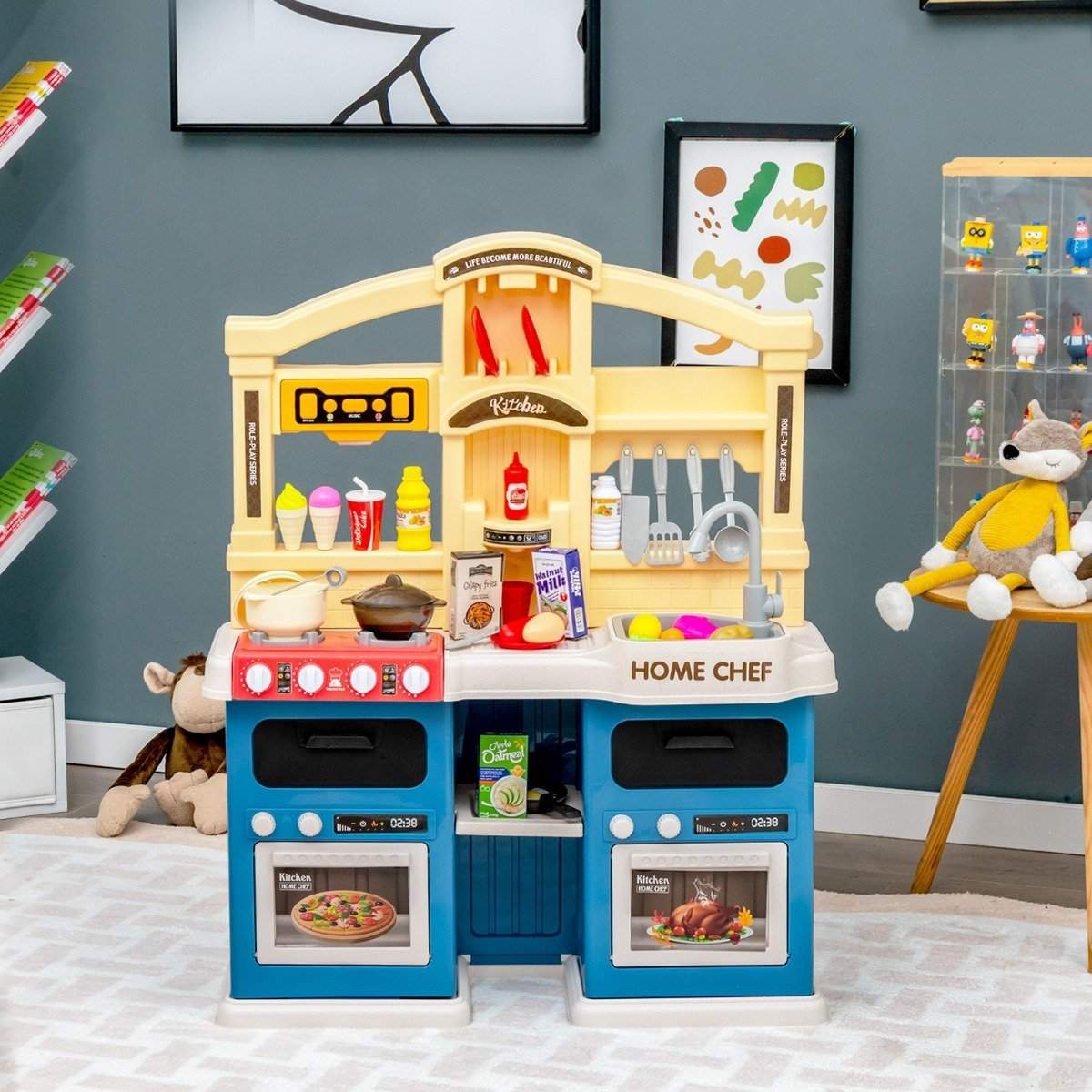 69 dele børnekøkken inklusive tilbehør, legekøkken med lys, damp, musik og lyd, blå