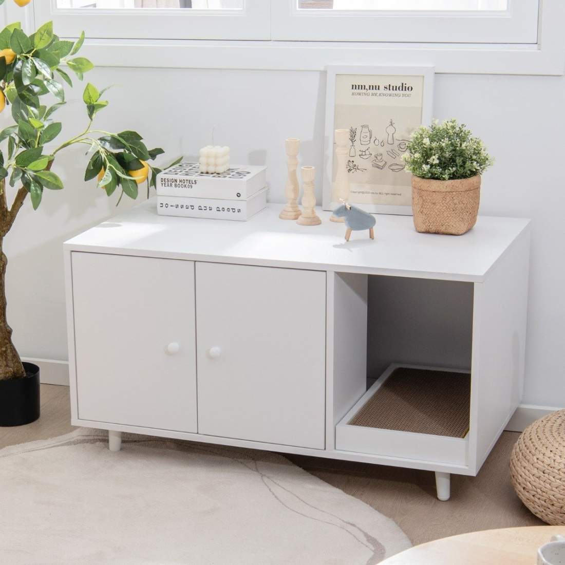 2 i 1 sidobord & kattskåp med skrapbräda Kattlåda 90 x 50 x 50 cm Soffbord Vit | Elektronik - Tillbehör Mobil & Surfplatta - Surfplatta Tillbehör - Stativ | Pryloteket