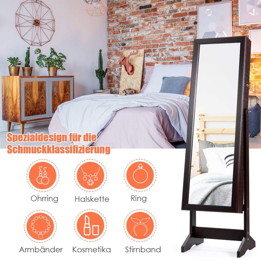 Smyckesskåp med helspegel, fristående smyckesställ, 41 x 36,5 x 146 cm, brun | Mode & Accessoarer - Smycken, Smyckesset & Tillbehör - Halsband | Pryloteket