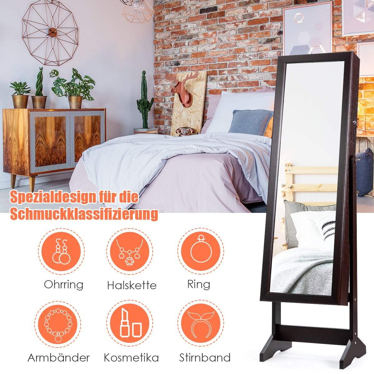 Smykkeskab med fuldlængde spejl, fritstående smykkeholder, 41 x 36,5 x 146 cm, brun