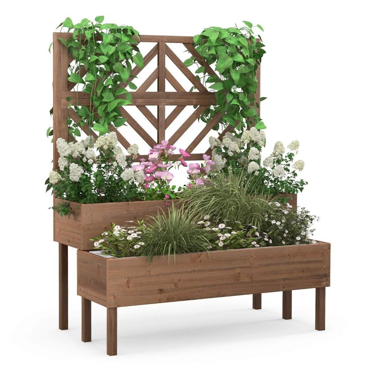 2-lags havebed med espalier, hævet plantekasse i træ med ben, drænhul, plantebeholder, brun