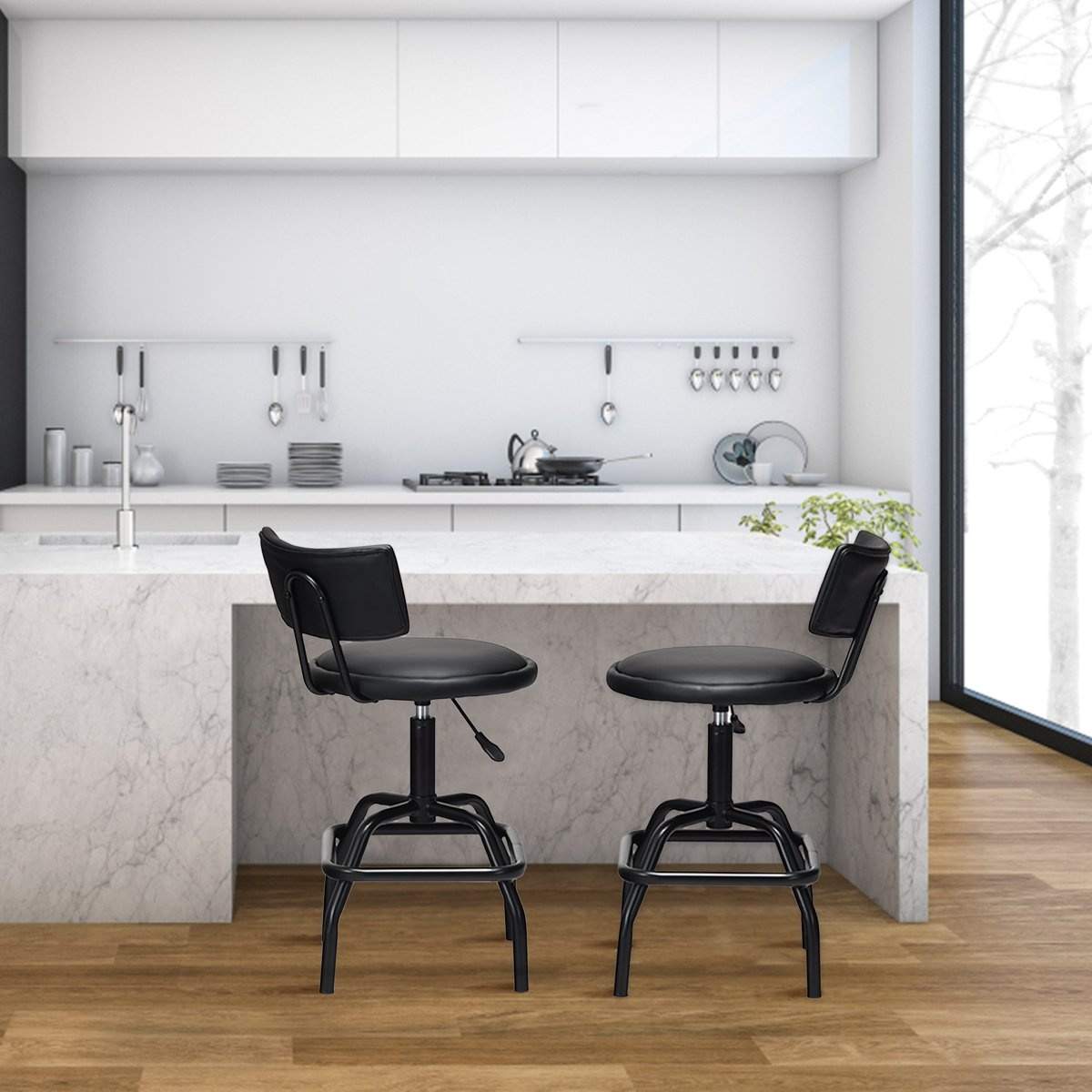 Højdejusterbar barstol med imiteret læder og polstret ryglæn 360° roterende barstol