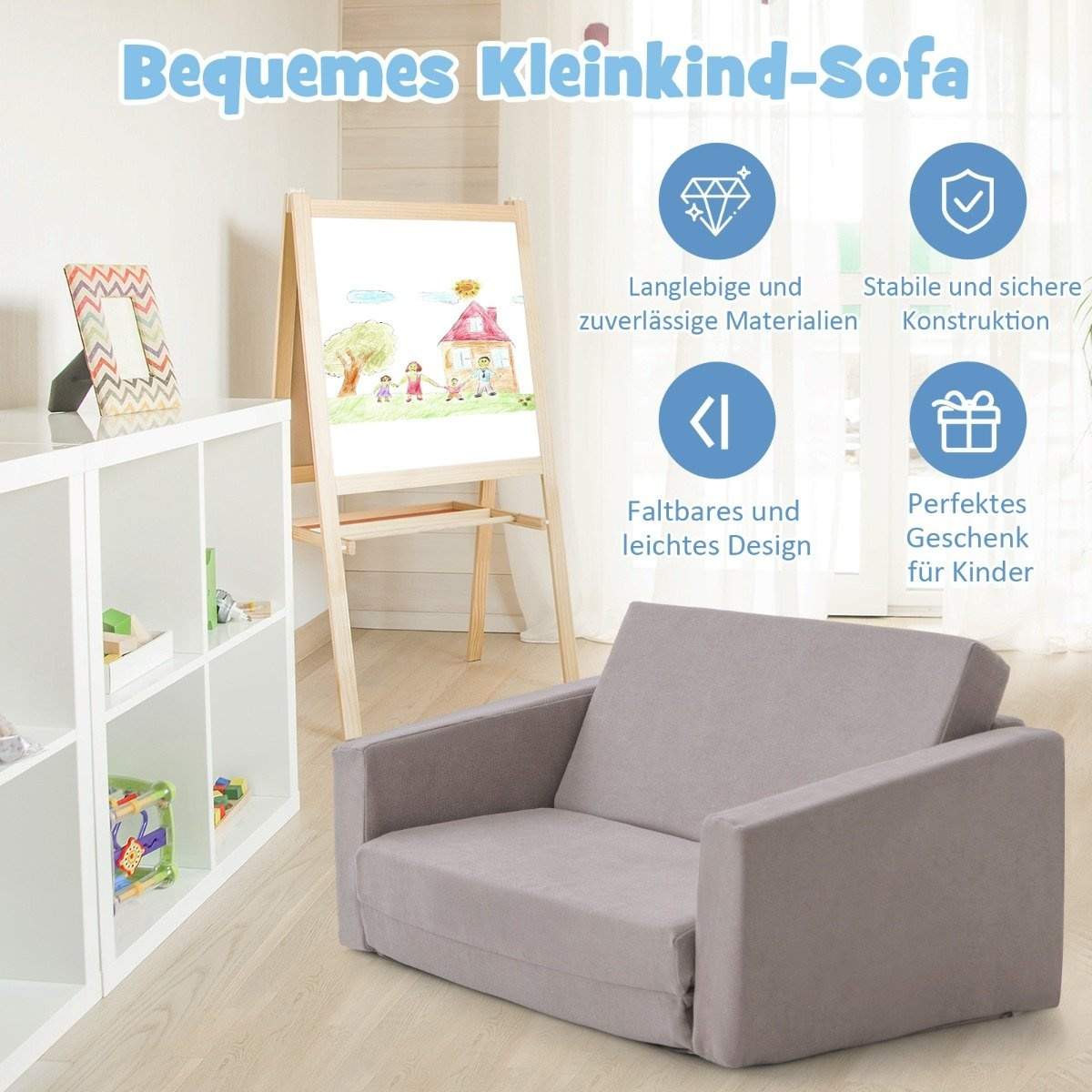 2 i 1 foldbar børnesofa med fløjlsstof polstret børnelænestol 77 x 43 x 40 cm Mørkegrå