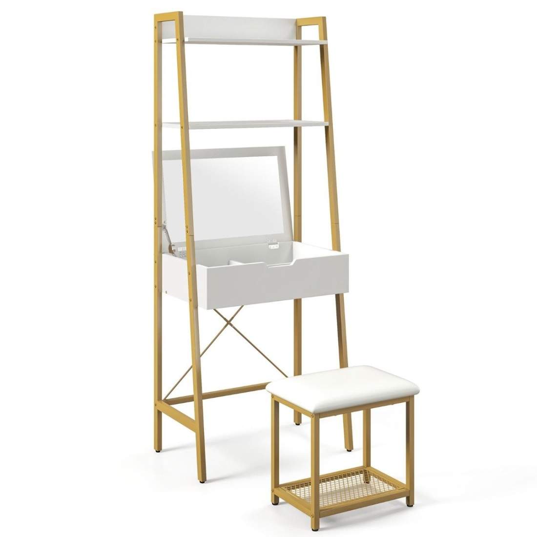 2 i 1 toalettbord med pall & spegel & dubbla hyllor & dolda skåp Vitguld | Hälsa & Skönhet - Smink & Tillbehör - Smink | Pryloteket
