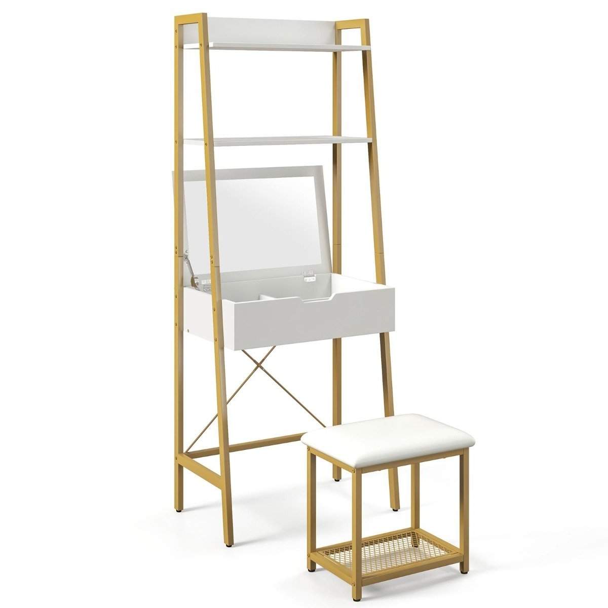 2 i 1 toiletbord med skammel & spejl & dobbelthylder & skjult skab hvidguld