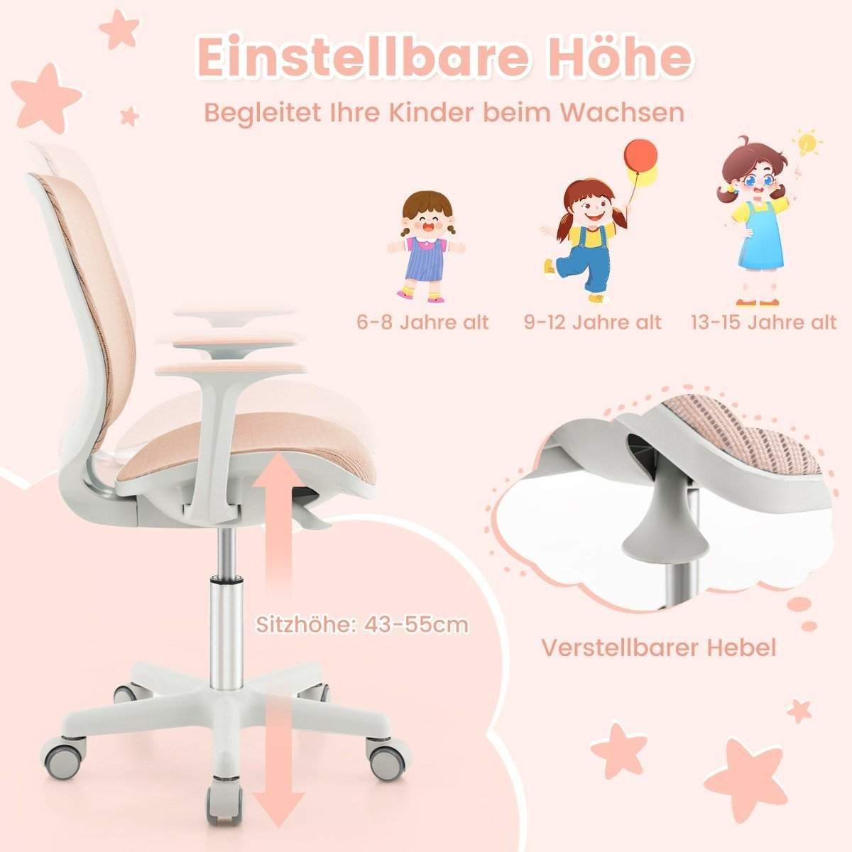 Højdejusterbar børne-drejestol med sædebremse Ergonomisk skrivebordsstol Kontorstol Pink