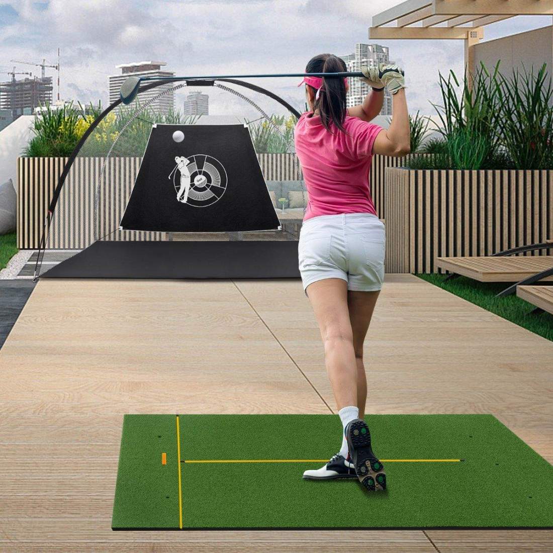 Golfträffmatta med 2 gummi-tees, 2 inriktningsstavar och 6 tee-lägen, 152 x 92 cm, tjocklek 32 mm | Sport & Fritid - Träning | Pryloteket