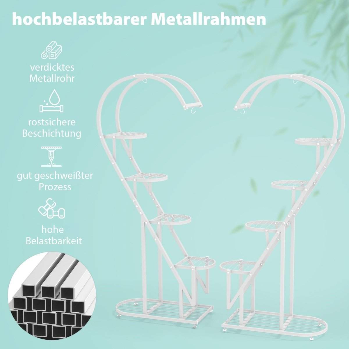 5-lags metal plantestativ hjerteformet blomsterhylde med kroge 71 x 30,5 x 148 cm Hvid