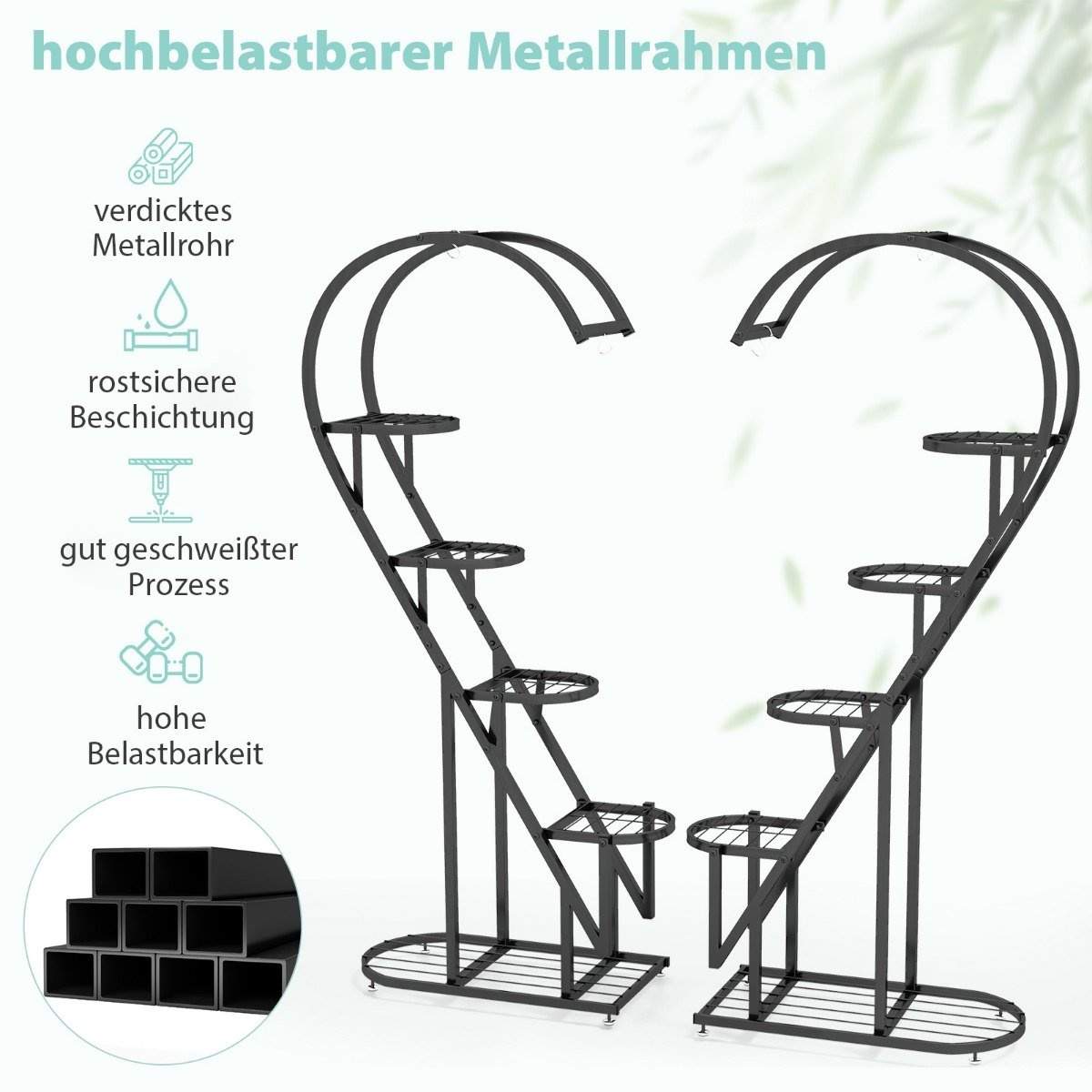 5-lags metal plantestativ hjerteformet blomsterhylde med kroge 71 x 30,5 x 148 cm Sort