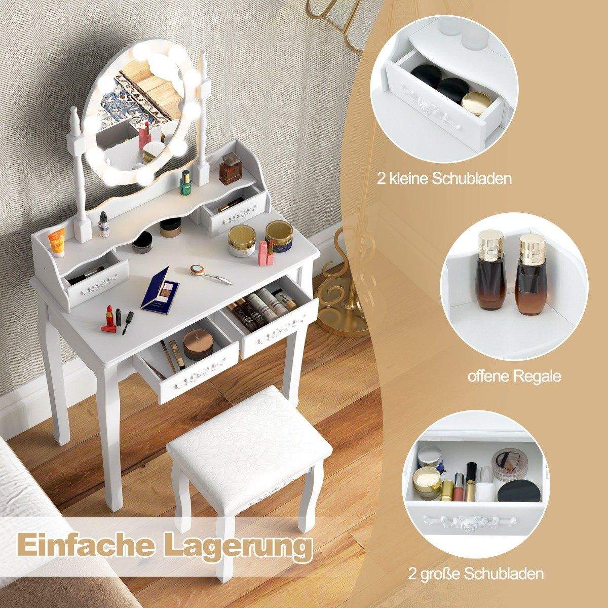 Toiletbord med LED-belysning justerbar lysstyrke toiletbord med 4 skuffer hvid