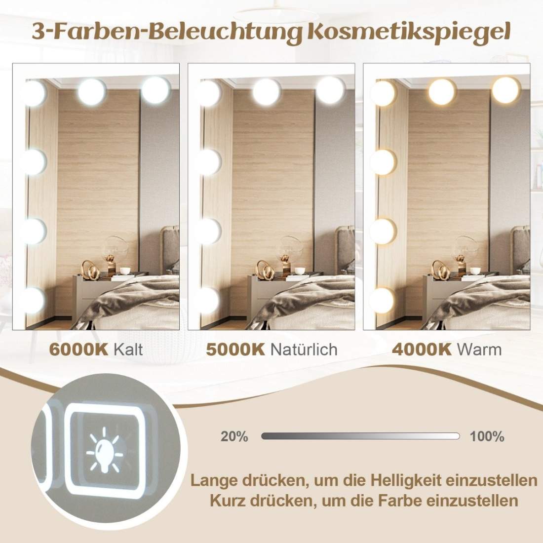 Hollywood-spegel med belysning, USB-laddningsport och Bluetooth-högtalare, Sminkspegel för sovrum, 58 x 46 cm, Vit | Sport & Fritid - Friluftsliv & Camping - Belysning | Pryloteket