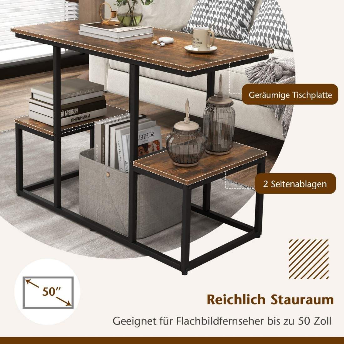 TV-konsolbord för 50-tums TV-apparater, industriell mediakonsol med öppna hyllor, 108 x 40 x 65 cm, rustikt brun | Elektronik | Pryloteket