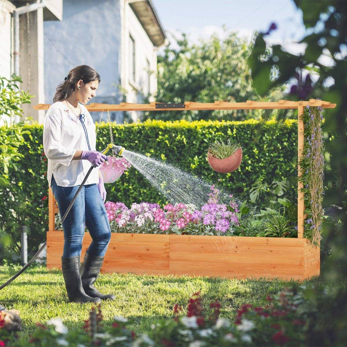 Højbed i træ med espalier & hængende tag & espalier planter 200 x 44 x 114 cm