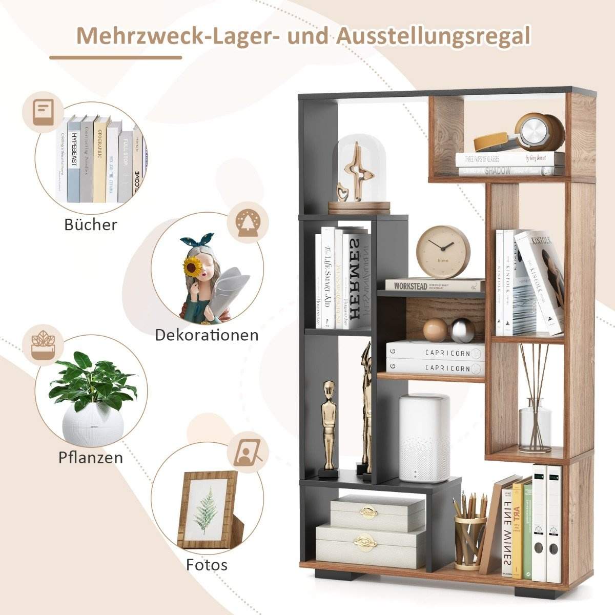 120 cm reol med 9 rum, stående hylde, rumdeler, geometrisk, sort og træ