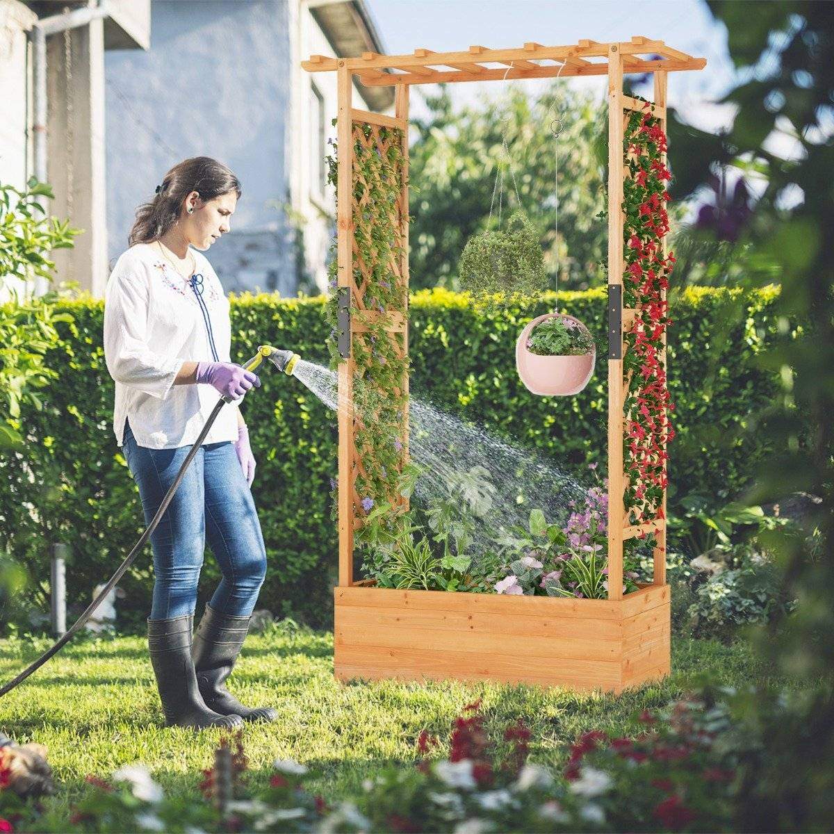 Højbed i træ med espalier & hængende tag & espalier planter 110 x 44 x 182 cm