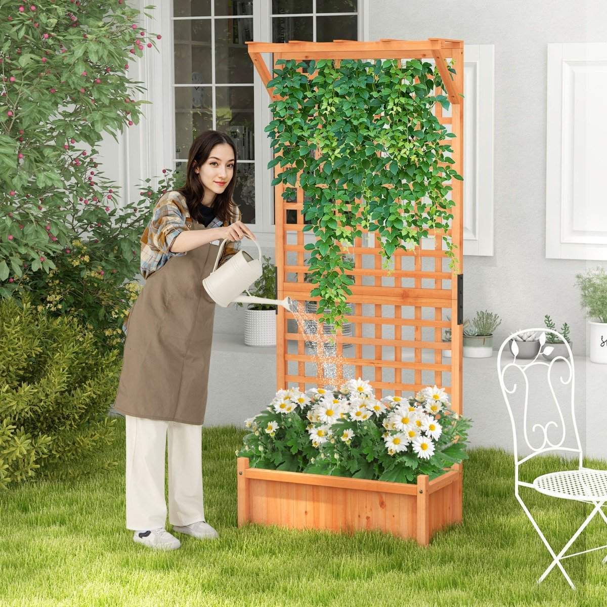 Blomsterkasse med espalier & tag & espalier & drænhuller Plantekasse 75 x 33 x 181 cm