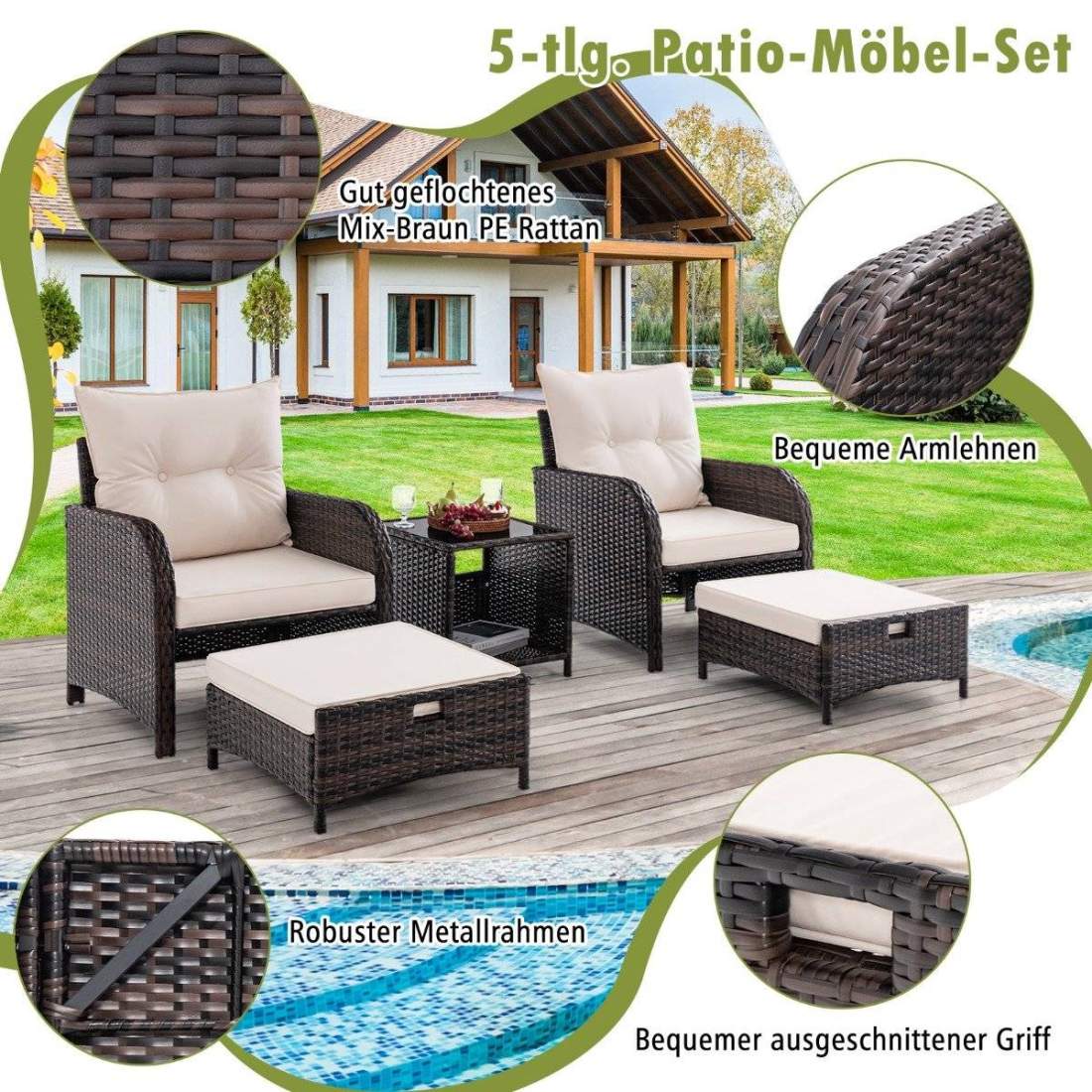 5-delad balkongmöbelset trädgårdsmöbler av PE polyrattan sittgrupp för trädgård | Hem & Hobby - Hem & Hushåll - Balkong | Pryloteket