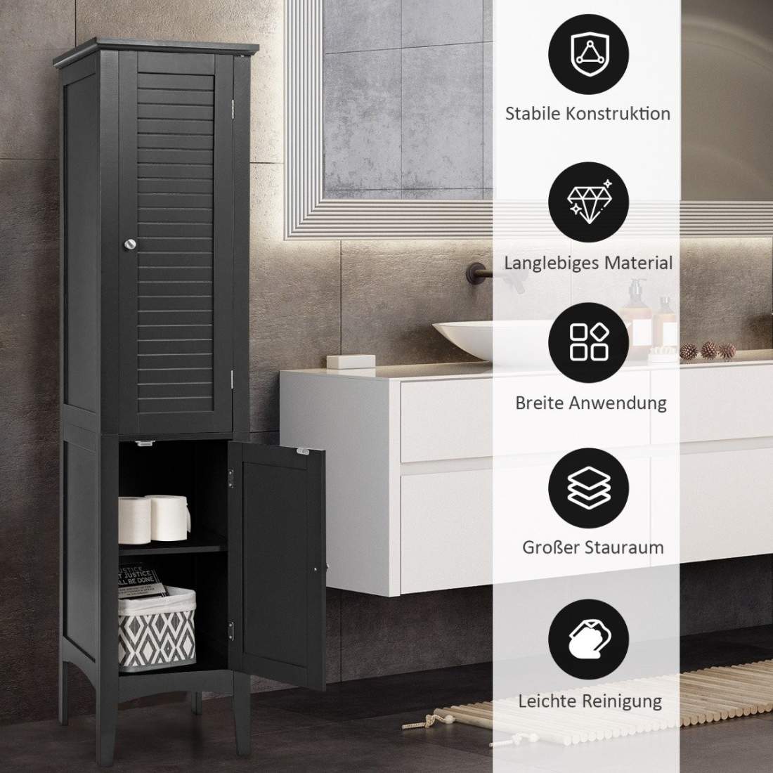 Badrumsskåp med 5 fack & 2 jalusidörrar & hyllor & anti-lutningsanordning Smalt högskåp Svart | Hem & Hobby - Hem & Hushåll - Badrum | Pryloteket