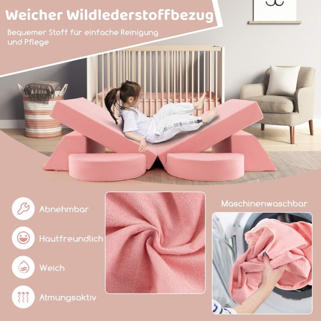 Moduluppbyggd barnsoffa, leksoffa, modulsoffa med avtagbart överdrag, 105,5 x 101 x 48 cm, rosa | Hem & Hobby - Hem & Hushåll - Tvätt | Pryloteket