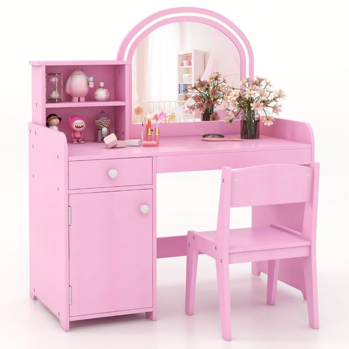 2 i 1 toiletbord til børn med skammel & LED-lys & spejl & skuffe kosmetikbord pink